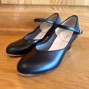 Dance Mates Ladies Black Leather Round Toe Tap Shoes Size 5.5
